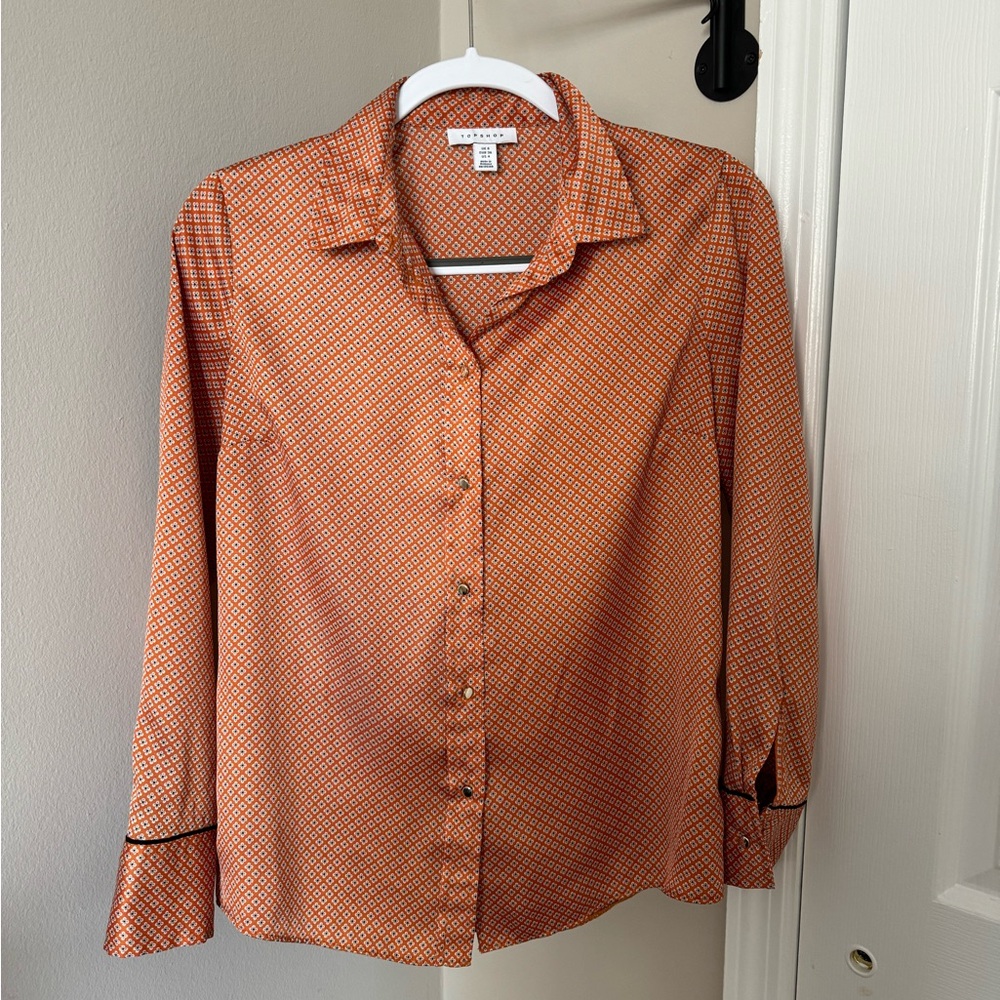 Topshop Orange Diamond Pattern Button Up size 4 - Picture 2 of 7